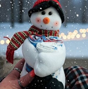Festive Snowman plush Holding The Perfect Gift Of Kitchen Towels